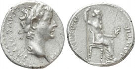 TIBERIUS (14-37). Denarius. Lugdunum. "Tribute Penny" type. 

Obv: TI CAESAR DIVI AVG F AVGVSTVS. 
Laureate head right.
Rev: PONTIF MAXIM. 
Livia...