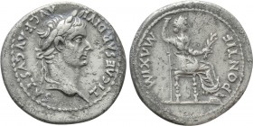 TIBERIUS (14-37). Denarius. Lugdunum. "Tribute Penny" type. 

Obv: TI CAESAR DIVI AVG F AVGVSTVS. 
Laureate head right.
Rev: PONTIF MAXIM. 
Livia...