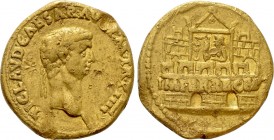 CLAUDIUS (41-54). Aureus. Rome.

Obv: TI CLAVD CAESAR AVG P M TR P IIII.
Laureate head right.
Rev: IMPER RECEPT across top of front wall, view of ...