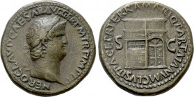 NERO (54-68). Sestertius. Lugdunum. 

Obv: NERO CLAVD CAESAR AVG GER P M TR P IMP P P. 
Laureate head right.
Rev: PACE P R TERRA MARIQ PARTA IANVM...