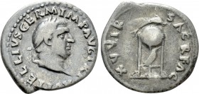 VITELLIUS (69). Denarius. Rome. 

Obv: A VITELLIVS GERM IMP AVG TR P. 
Laureate head right.
Rev: XV VIR SACR FAC. 
Tripod surmounted by dolphin r...