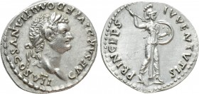 DOMITIAN (Caesar, 69-81). Denarius. Rome. 

Obv: CAESAR DIVI F DOMITIANVS COS VII. 
Laureate head right.
Rev: PRINCEPS IVVENTVTIS. 
MInerva advan...