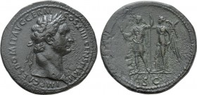 DOMITIAN (81-96). Sestertius. Rome. 

Obv: IMP CAES DOMIT AVG GERM COS XIIII CENS PER P P. 
Laureate head right.
Rev: S C. 
Domitian standing lef...