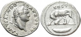DOMITIAN (81-96). Denarius. Rome. 

Obv: CAESAR AVG F DOMITIANVS. 
Laureate head right.
Rev: COS V. 
She-wolf standing left, suckling the twins R...