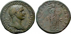 TRAJAN (98-117). Sestertius. Rome. 

Obv: IMP CAES NERVAE TRAIANO AVG GER DAC P M TR P COS V P P. 
Laureate bust right, slight drapery.
Rev: S P Q...