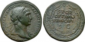 TRAJAN (98-117). Sestertius. Rome. 

Obv: IMP CAES NERVAE TRAIANO AVG GER DAC P M TR P COS V P P. 
Laureate bust right, slight drapery.
Rev: S P Q...