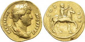 HADRIAN (117-138). GOLD Aureus. Rome. 

Obv: HADRIANVS AVGVSTVS. 
Laureate, draped and cuirassed bust right.
Rev: COS III. 
Hadrian riding horse ...