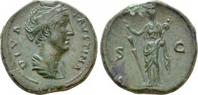 DIVA FAUSTINA I (Died 140/1). As. Rome. 

Obv: DIVA FAVSTINA. 
Draped bust right.
Rev: S - C. 
Vesta standing left, holding torch and palladium....