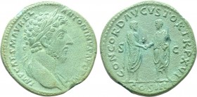 MARCUS AURELIUS (161-180). Sestertius. Rome. 

Obv: IMP CAES M AVREL ANTONINVS AVG P M. 
Laureate head right, slight drapery.
Rev: CONCORD AVGVSTO...