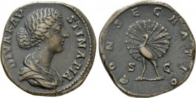 DIVA FAUSTINA II (Died 176). Sestertius. Rome. 

Obv: DIVA FAVSTINA PIA. 
Draped bust right.
Rev: CONSECRATIO / S - C. 
Peacock standing left, he...