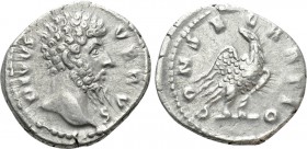 DIVUS LUCIUS VERUS (Died 169). Denarius. Rome. Struck under Marcus Aurelius. 

Obv: DIVVS VERVS. 
Bare head right.
Rev: CONSECRATIO. 
Eagle stand...