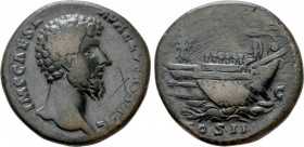 LUCIUS VERUS (161-169). Sestertius. Rome. 

Obv: IMP CAES L AVREL VERVS AVG. 
Bare head right.
Rev: FELIC AVG TR P III / COS II / SC. 
Ship with ...