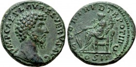 LUCIUS VERUS (161-169). As. Rome. 

Obv: IMP CAES L AVREL VERVS AVG. 
Bare head right.
Rev: FORD RED TR POT III COS II / S - C. 
Fortuna seated l...