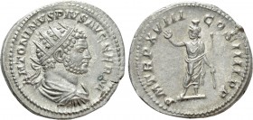 CARACALLA (198-217). Antoninianus. Rome. 

Obv: ANTONINVS PIVS AVG GERM. 
Radiate, draped and cuirassed bust right.
Rev: P M TR P XVIII COS IIII P...