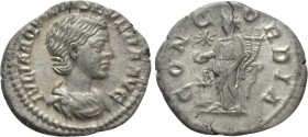 AQUILIA SEVERA (Augusta, 220-221 & 221-222). Denarius. Rome. 

Obv: IVLIA AQVILIA SEVERA AVG. 
Draped bust right.
Rev: CONCORDIA. 
Concordia stan...