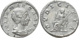 JULIA MAESA (218-224/5). Denarius. Rome. 

Obv: IVLIA MAESA AVG. 
Draped bust right.
Rev: PVDICITIA. 
Pudicitia seated left on throne, drawing ve...