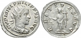 PHILIP II (247-249). Antoninianus. Antioch. 

Obv: IMP M IVL PHILIPPVS AVG. 
Radiate, draped and cuirassed bust right.
Rev: AEQVITAS AVG. 
Aequit...