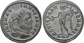 MAXIMIANUS HERCULIUS (286-305). Follis. Aquilea. 

Obv: IMP MAXIMIANVS P F AVG. 
Laureate head right.
Rev: GENIO POPVLI ROMANI / AQP. 
Genius sta...