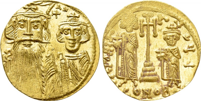 CONSTANS II with CONSTANTINE IV, HERACLIUS and TIBERIUS (641-668). GOLD Solidus....