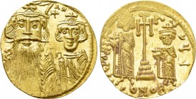 CONSTANS II with CONSTANTINE IV, HERACLIUS and TIBERIUS (641-668). GOLD Solidus. Constantinople. 

Obv: Crowned and draped facing busts of Constans,...