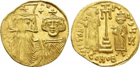 CONSTANS II with CONSTANTINE IV, HERACLIUS and TIBERIUS (641-668). GOLD Solidus. Constantinople. 

Obv: Crowned and draped facing busts of Constans,...