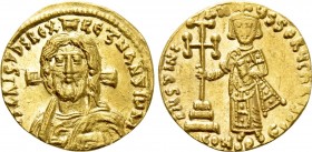 JUSTINIAN II (First reign, 685-695). GOLD Solidus. Constantinoples. 

Obv: IҺS CRISTOS RЄX RЄGNANTIUM. 
Facing bust of Christ Pantokrator.
Rev: D ...