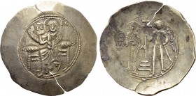 JOHN II COMNENUS (1118-1143). EL Aspron Trachy. Constantinople. 

Obv: IC - XC. 
Christ Pantokrator seated facing on throne.
Rev: John and St. Geo...