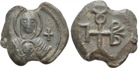 BYZANTINE SEALS. Uncertain (7th-8th century). 

Obv: Facing bust of the Virgin Mary, holding Christ medallion on breast; cross to left and right.
R...