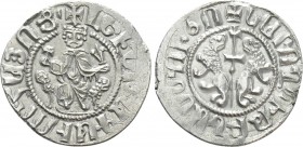 ARMENIA. Levon I (1198-1219). Tram. 

Obv: Crowned figure of Levon seated on throne ornamented with lions, holding cross and fleur-de-lis, feet on f...