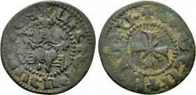 ARMENIA. Levon IV (1320-1342). Ae Pogh. Sis. 

Obv: Levon seated facing on throne, holding orb and sceptre.
Rev: Cross pattée.

AC type 465. 

...