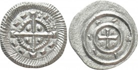HUNGARY. Bela II (1131-1141). Denar. 

Obv: Cross with pellets in angles; pseudo legend around.
Rev: Short cross with pellets in each angle.

Hus...