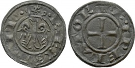 ITALY. Sicily. Federico I (1198-1250). BI Denaro. Messina. 

Obv: + F IPERATOR. 
Cross pattée.
Rev: R EX SICIL. 
Crowned eagle facing, head left....