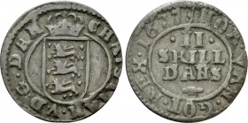 DENMARK. Christian V (1670-1699). 2 Skilling (1677). 

Obv: CHRISTIAN V D G DAN. 
Crowned coat of arms.
Rev: NORV VAN GOT REX / II SKILL DANS. 
L...