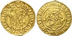 NETHERLANDS. Westfriesland. GOLD Ducat (1596). Hungarian type. 

Obv: DEVS FORTITVDO ET SPES NOS. 
Imperial figure standing facing slightly right, ...