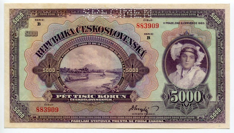 Czechoslovakia 5000 Korun 1920 Specimen
P# 19s; UNC
