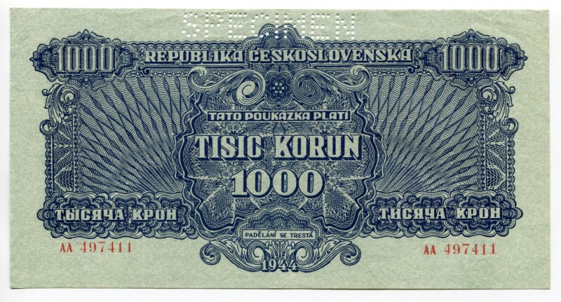 Czechoslovakia 1000 Korun 1945 
P# 57s; № AA 497411; XF