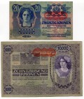 Austria Set of 2 Notes: 20 Kronen - 10 000 Kronen 1919 
P# 52; P# 65; № 137208; № 90460; XF-AUNC