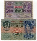 Austria-Hungary Set of 2 Notes: 20 Korona - 1 Schilling (10 000 Kronen) 1920 - 1924
P# 20; P# 87; № 348022; № 927976; VF-XF