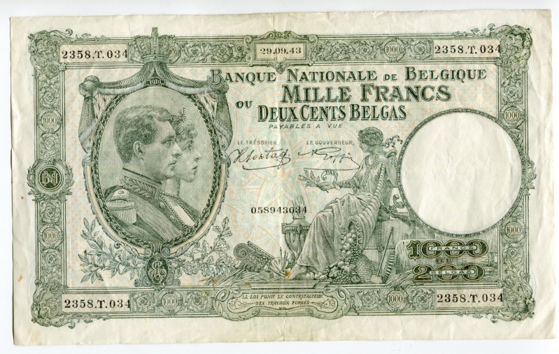 Belgium 1000 Francs - 200 Belgas 1943 
P# 110; № 058943034; VF-XF