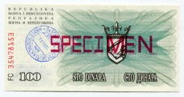 Bosnia and Herzegovina 100 Dinara 1992 Specimen
P# 13s; № AA00000000; Sarajevo; UNC