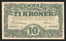 Denmark 10 Kroner 1945 
P# 37d; Fancy number; XF-aUNC