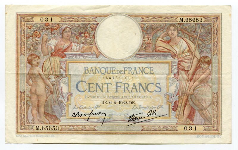 France 100 Francs 1939 
P# 86b; № 1641311031; VF