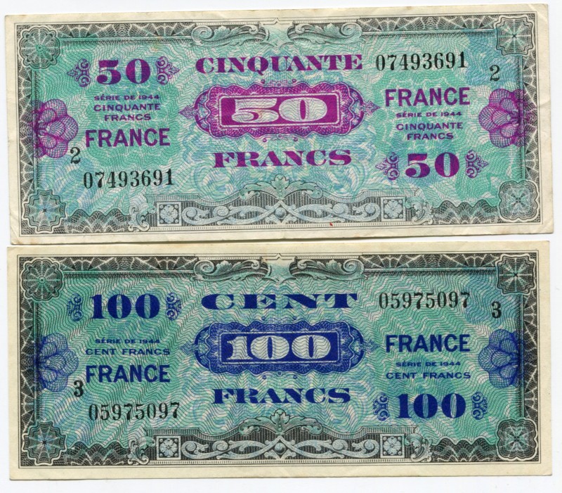 France Set of 2 Notes 1944
P# 122b - 123c; 50 - 100 Francs 1944 Second Issue - ...