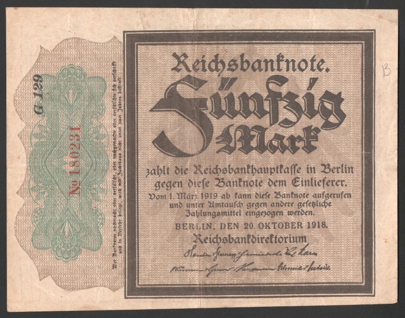 Germany 50 Mark 1918 "Mourning Note" Rare
P# 64; № G129-180231