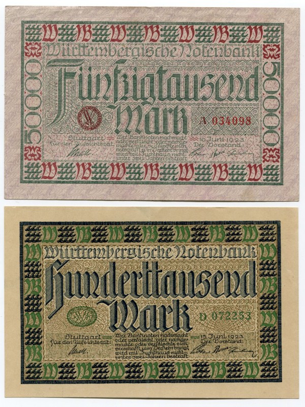 Germany Stuttgard Set of 2 Notgelds: 50 000 Mark - 100 000 Mark 1923 
№ A034098...