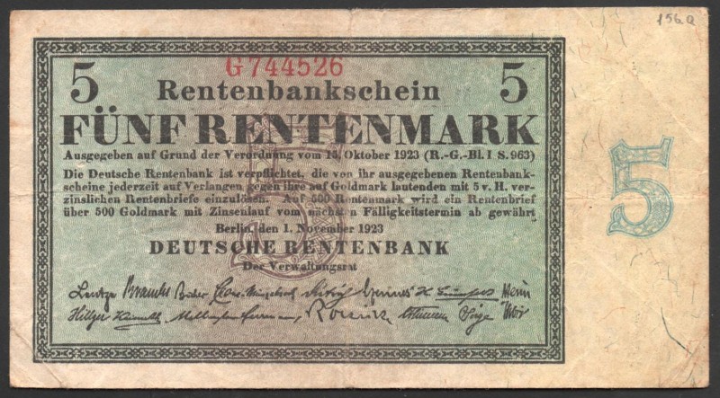 Germany - Weimar Republic 5 Rentenmark 1923 Rare
P# 163; № G744526