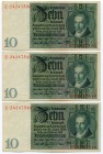 Germany Set of 3 Notes of 10 Mark 1929 
P# 180a; № E24247548 - E24247549 - E24247550; UNC
