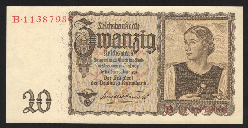 Germany - Third Reich 20 Reichsmark 1939 
P# 185; UNC