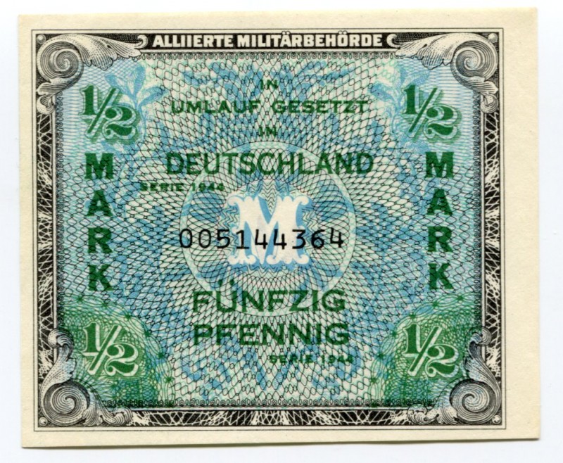 Germany 1/2 Mark 1944 Allied Occupation WWII
P# 191a; aUNC, Crispy