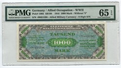 Germany Allied Occupation 1000 Mark 1944 PMG 65 GU
P# 198b; № 30621296; UNC